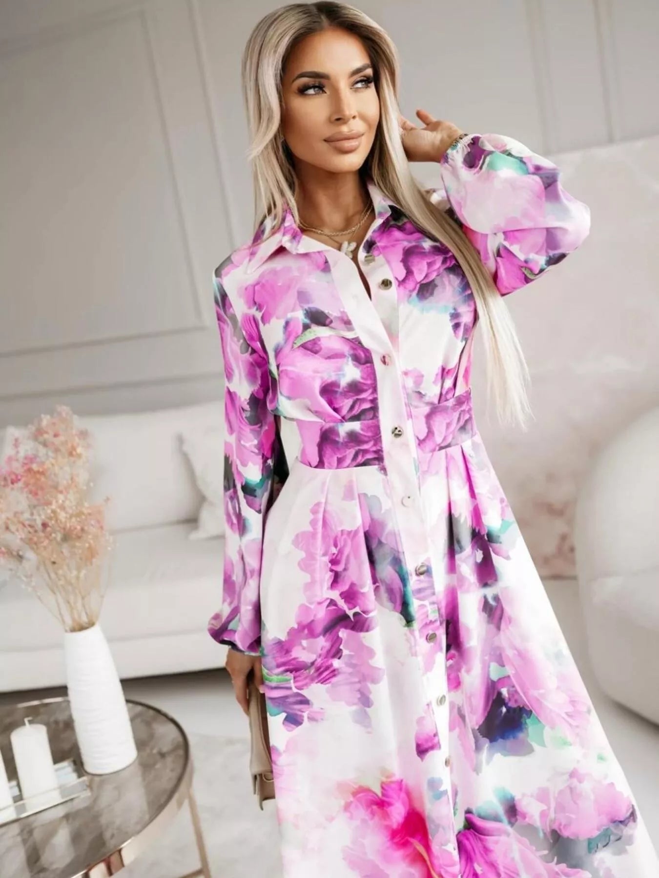 Printed Button Front Maxi Shirt Dress OutfitFlow