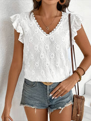 Ruffled Eyelet V-Neck Cap Sleeve Blouse White OutfitFlow