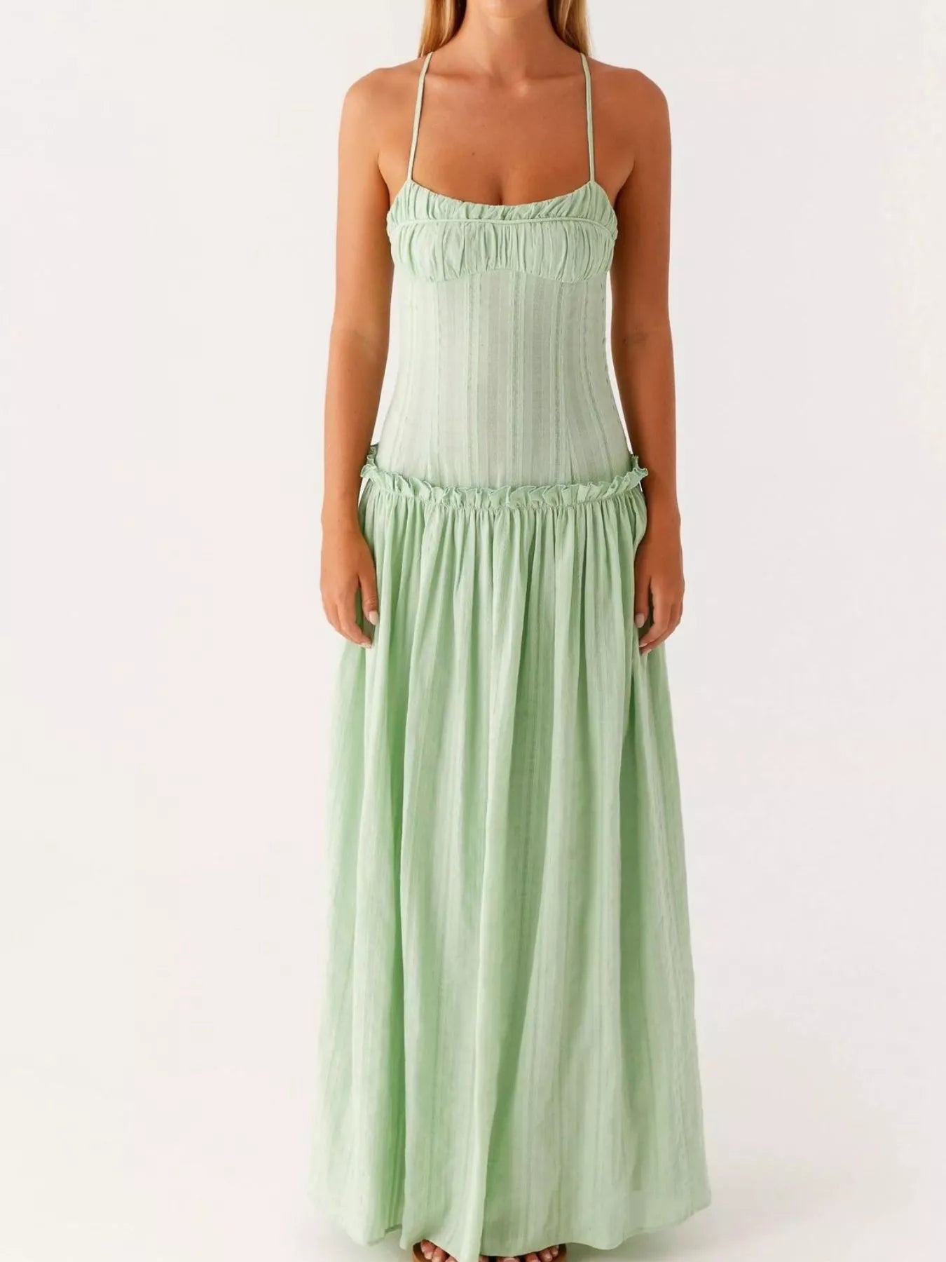 Frill Spaghetti Strap Maxi Dress Green OutfitFlow