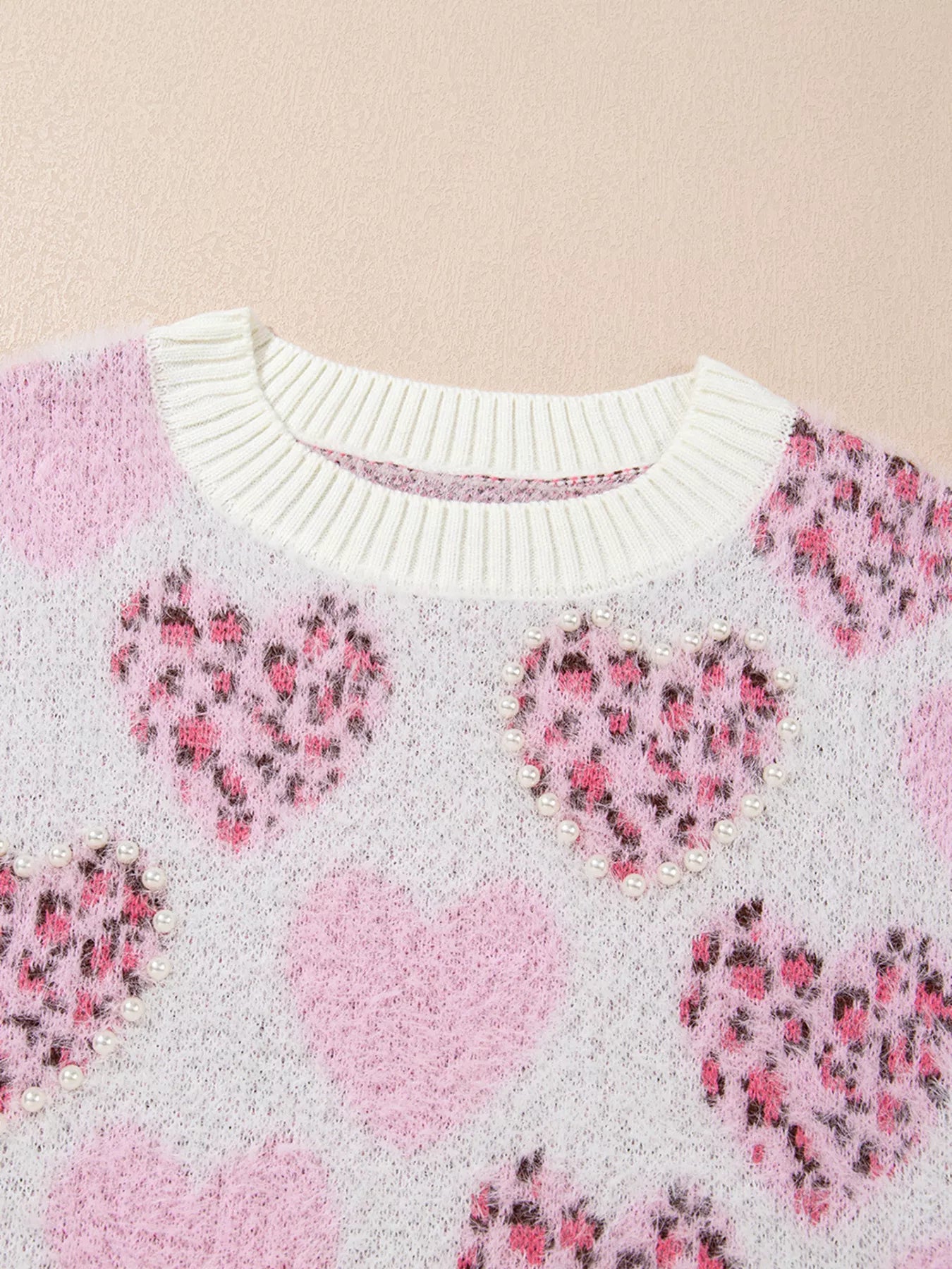 Heart Leopard Pearled Ribbed Trim Fuzzy Sweater OutfitFlow