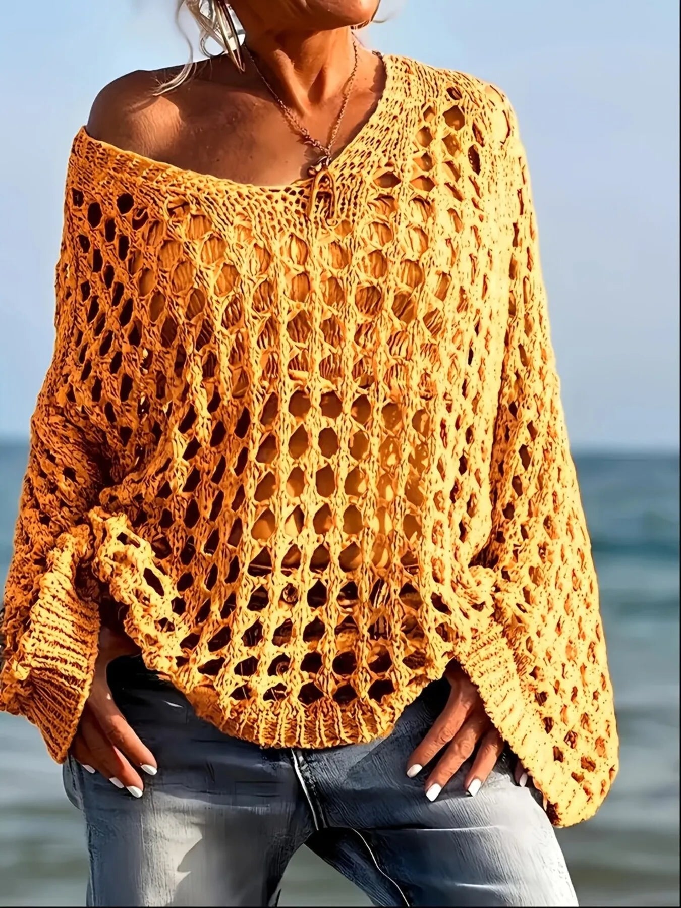 Crochet Long Sleeve Knit Cover Up Yellow OutfitFlow