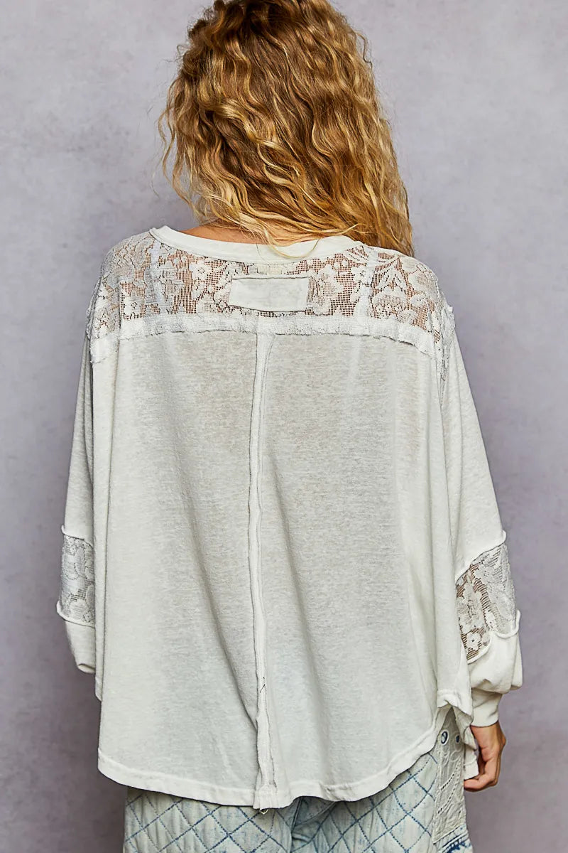POL V-Neck Long Sleeve T-Shirt with Lace Detail OutfitFlow