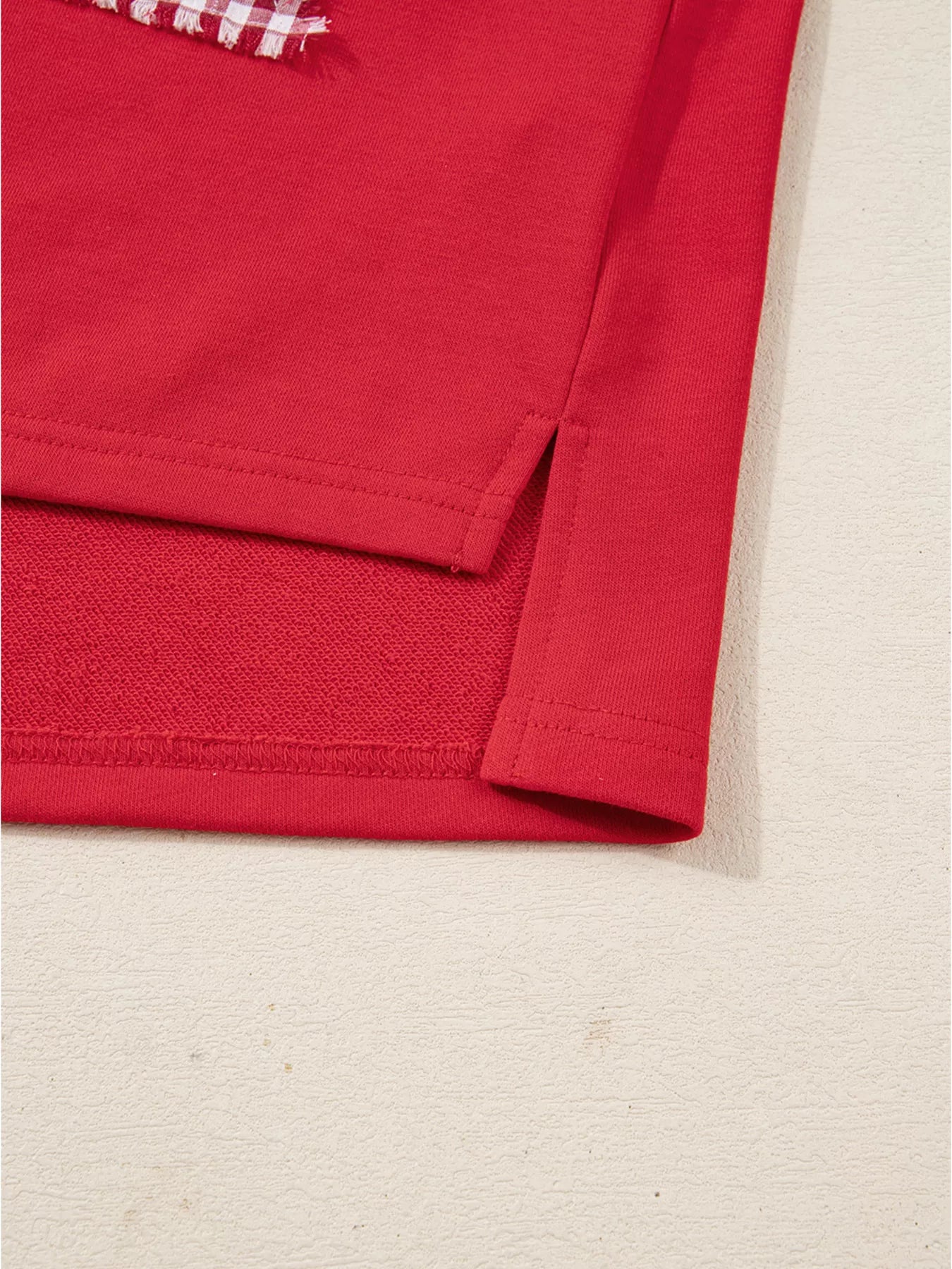 Plaid Frayed Double Christmas Tree Patched Drop Shoulder Sweatshirt OutfitFlow