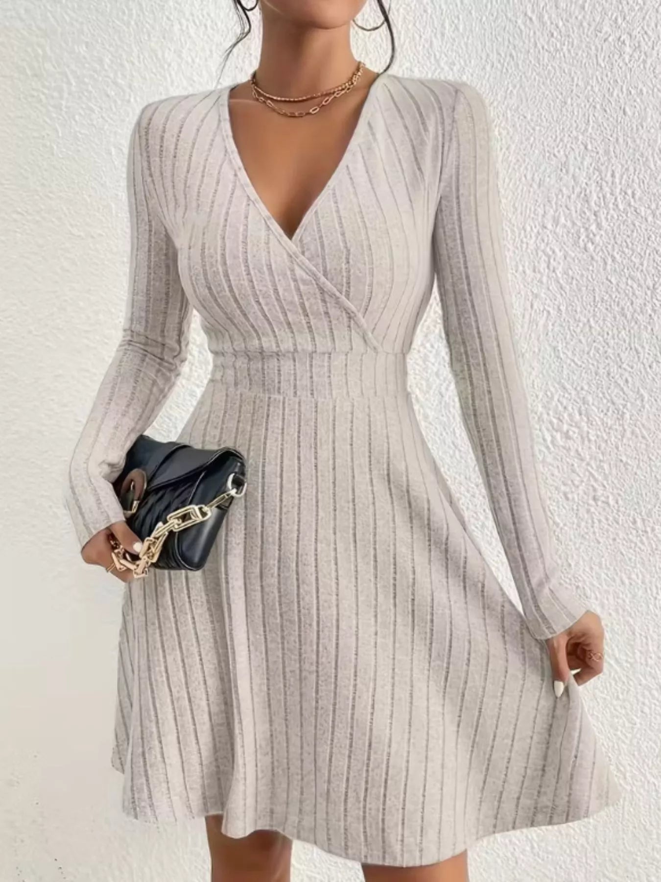 Ribbed Knit Wrap Mini Dress Dust Storm OutfitFlow