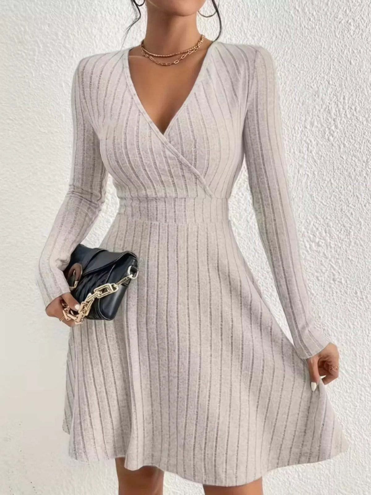 Ribbed Knit Wrap Mini Dress Dust Storm OutfitFlow
