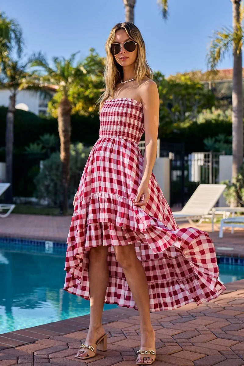 BiBi Smocked Body Off Shoulder Check Dress OutfitFlow