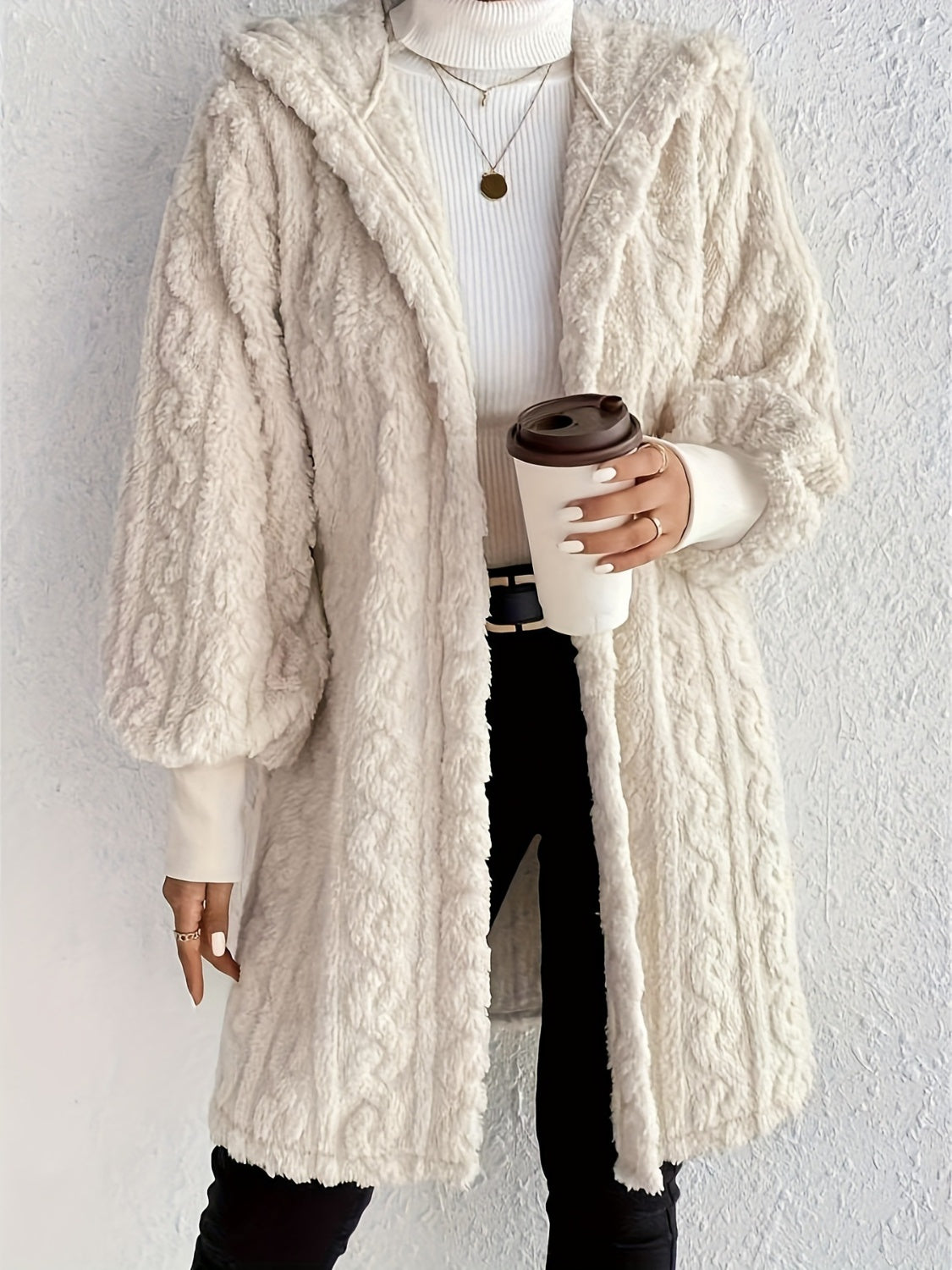 Outfit Flow - Open Front Long Sleeve Fuzzy Hooded Jacket