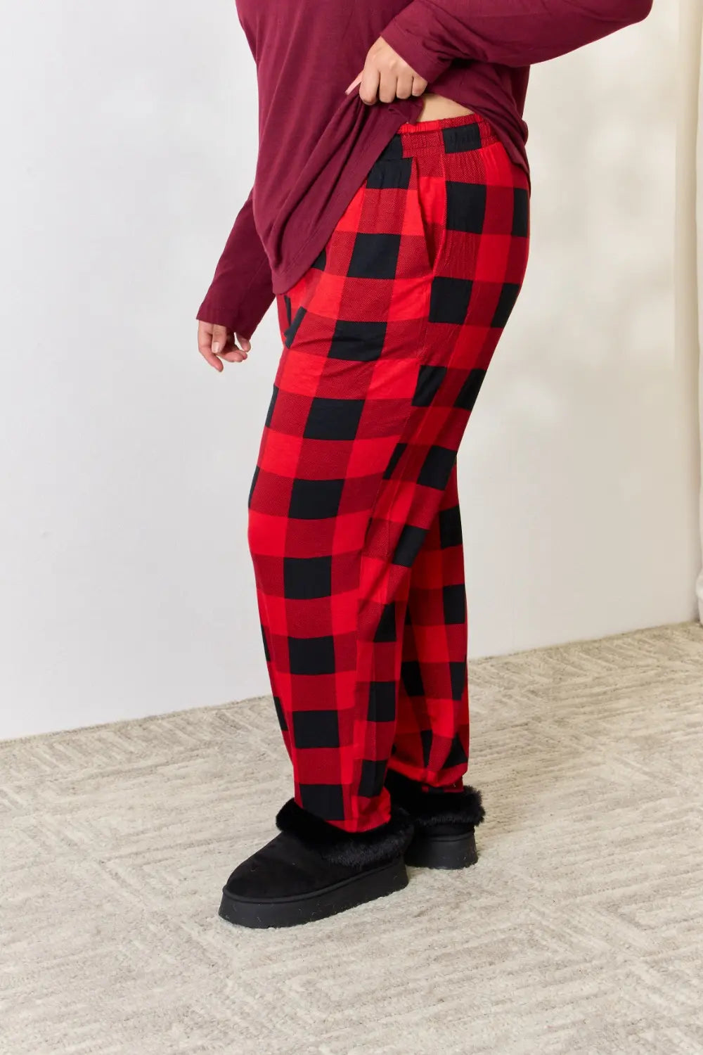 Zenana Full Size Plaid Round Neck Top and Pants Pajama Set OutfitFlow