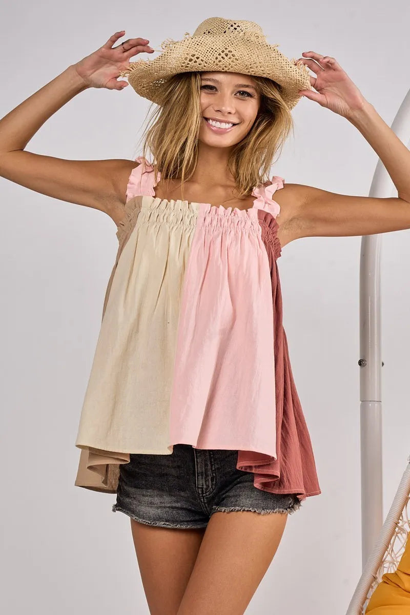 BiBi Frill Shoulder Strap Color Block Bodice Top OutfitFlow