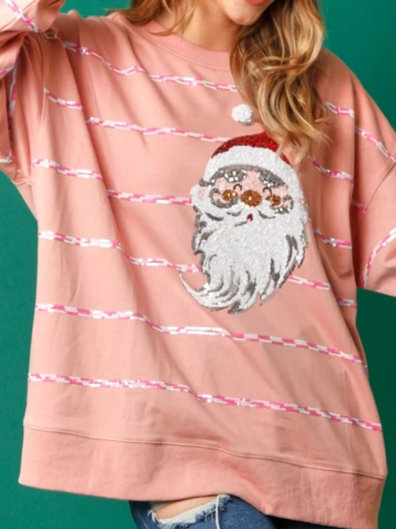 Christmas Santa Striped Long Sleeve Sweatshirt Peach Color OutfitFlow