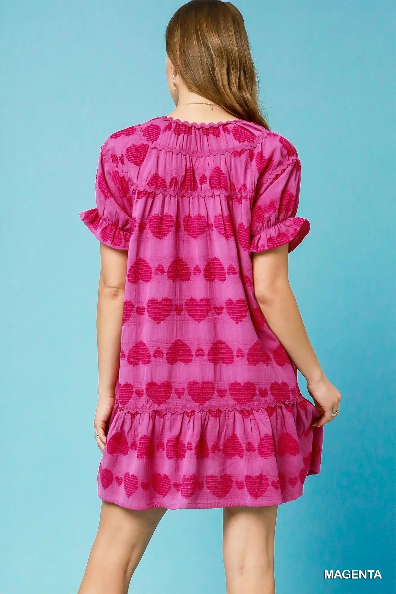 Umgee Heart Pattern Short Sleeve Ruffle Babydoll Dress OutfitFlow
