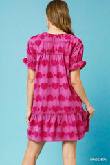 Umgee Heart Pattern Short Sleeve Ruffle Babydoll Dress OutfitFlow