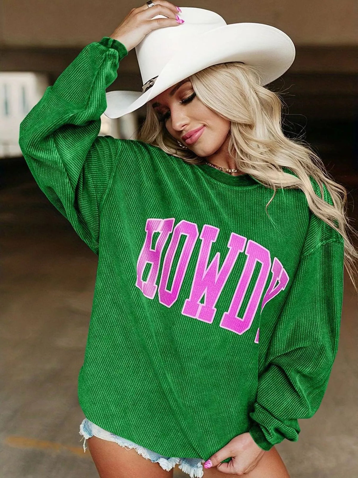 Full Size Howdy Round Neck Oversized Sweatshirt Plus Size Green OutfitFlow