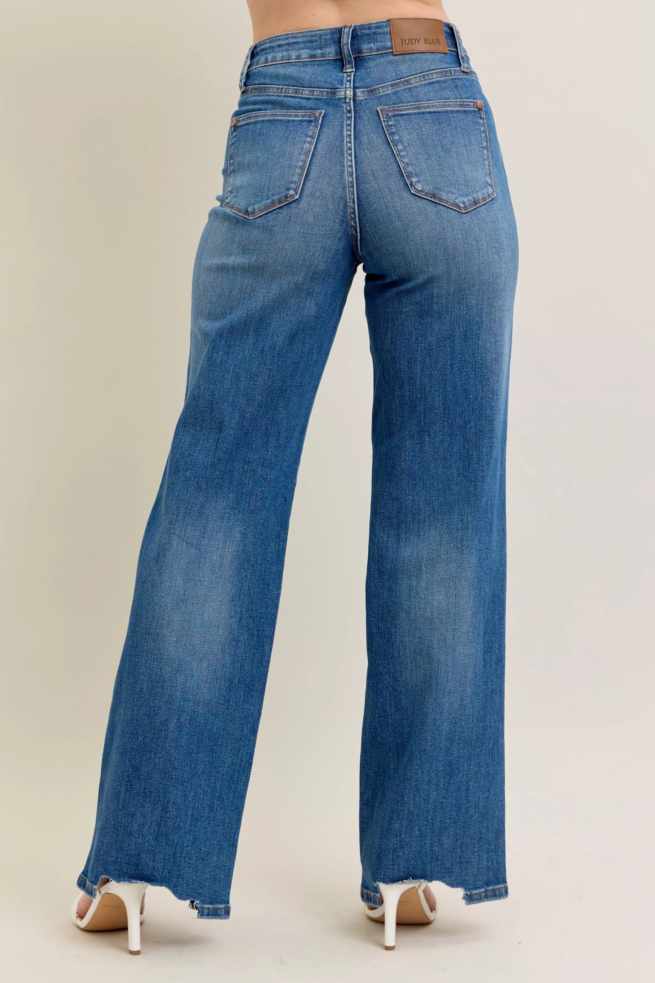 Judy Blue Full Size High Waist Tummy Control Chew Hem Destroy Wide Jeans Plus Size OutfitFlow