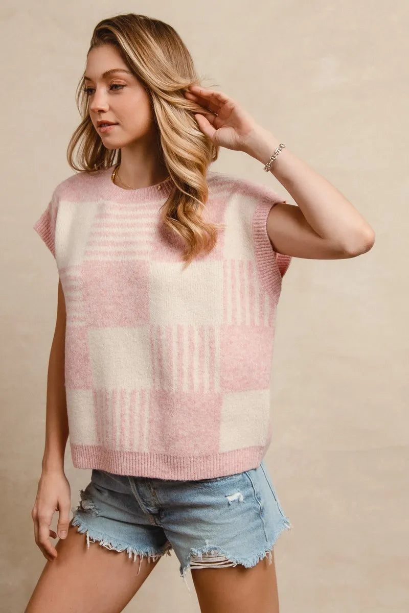 BiBi Checker With Stripes Pattern Sleeveless Sweater OutfitFlow