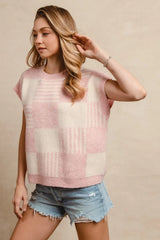 BiBi Checker With Stripes Pattern Sleeveless Sweater OutfitFlow