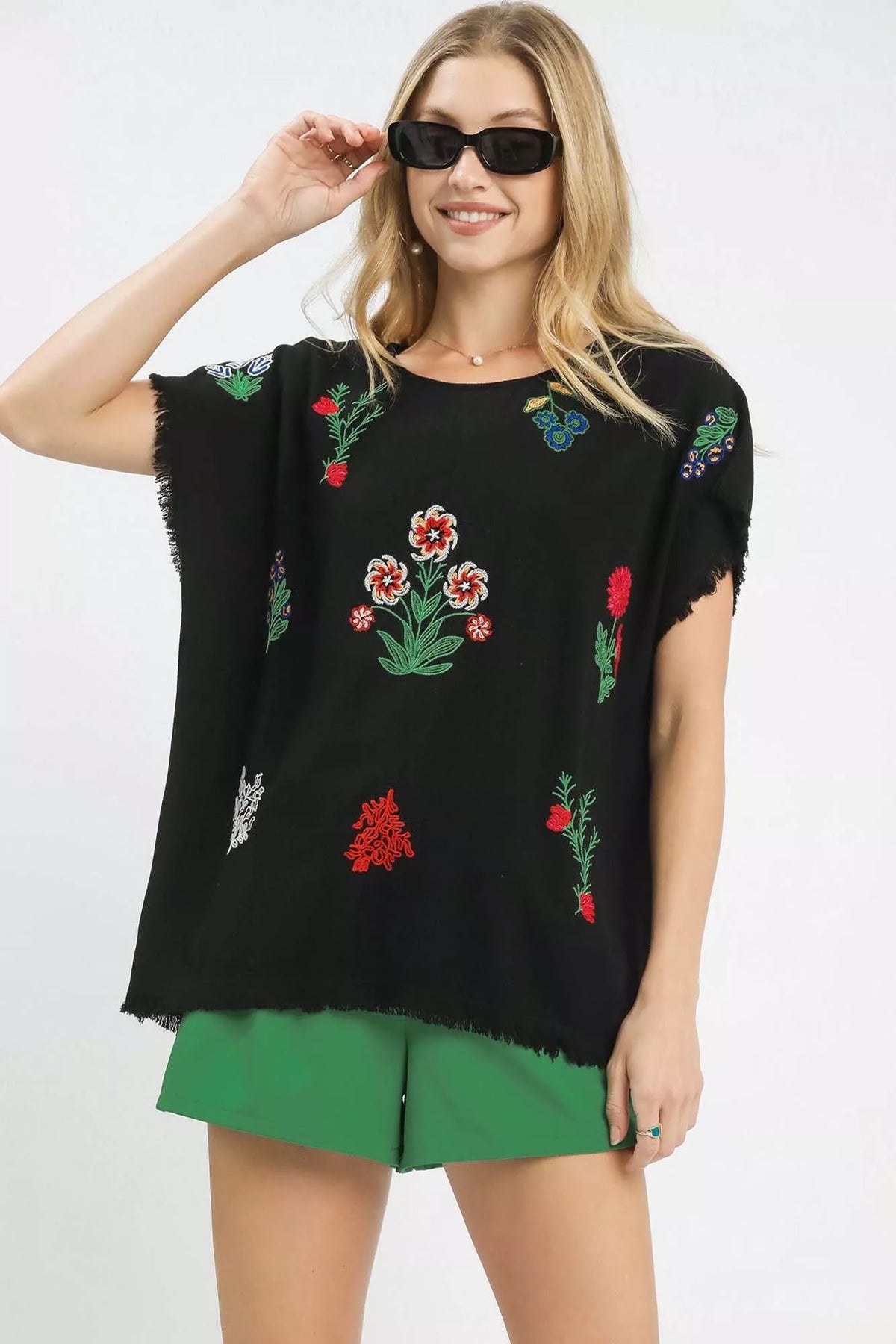 Umgee Linen Blend Embroidered Frayed Hem Top BLACK OutfitFlow