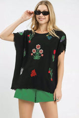 Umgee Linen Blend Embroidered Frayed Hem Top BLACK OutfitFlow