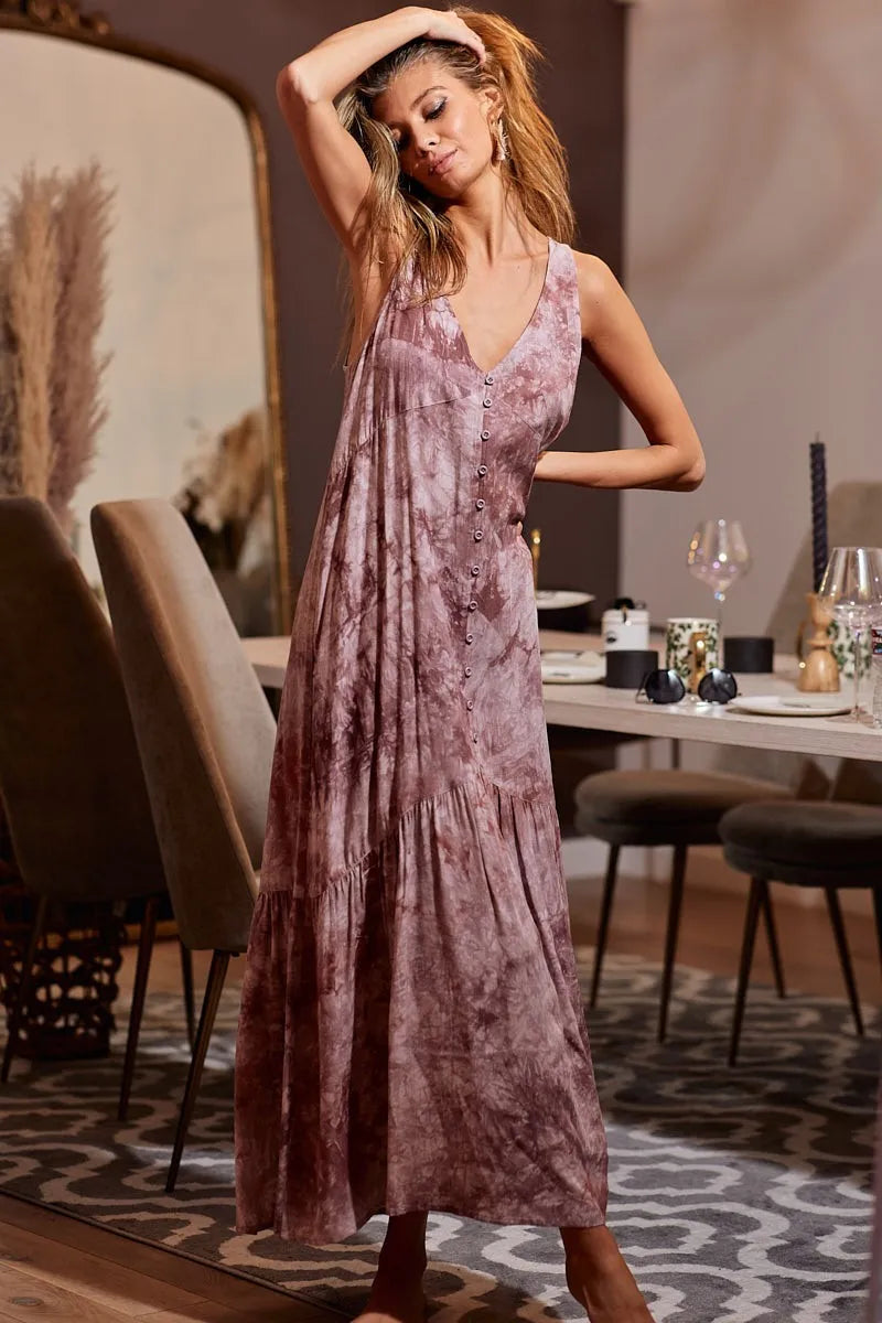 BiBi Tie-Dye Sleeveless V-Neck Dress OutfitFlow