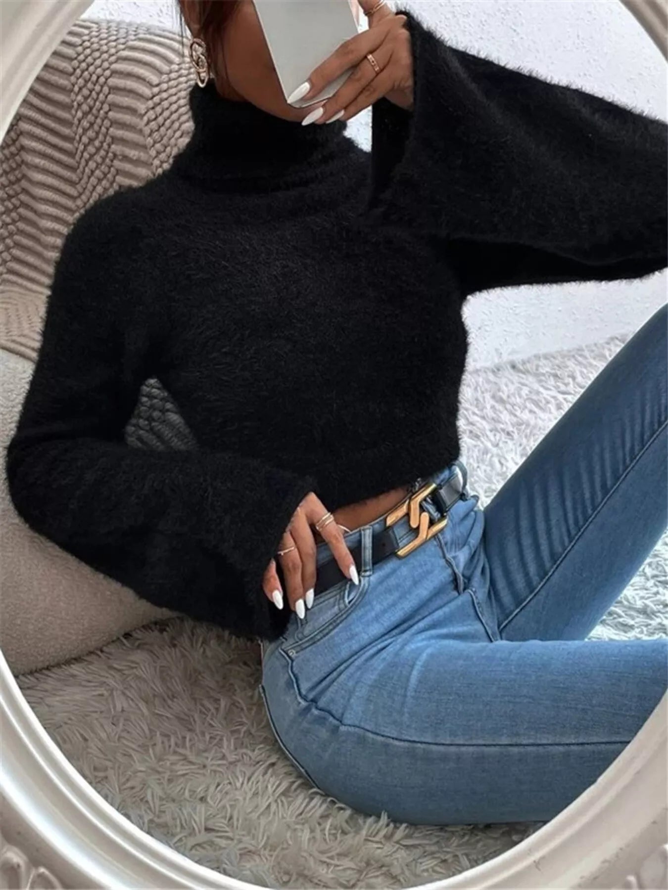 Turtleneck Flare Sleeve Sweater OutfitFlow