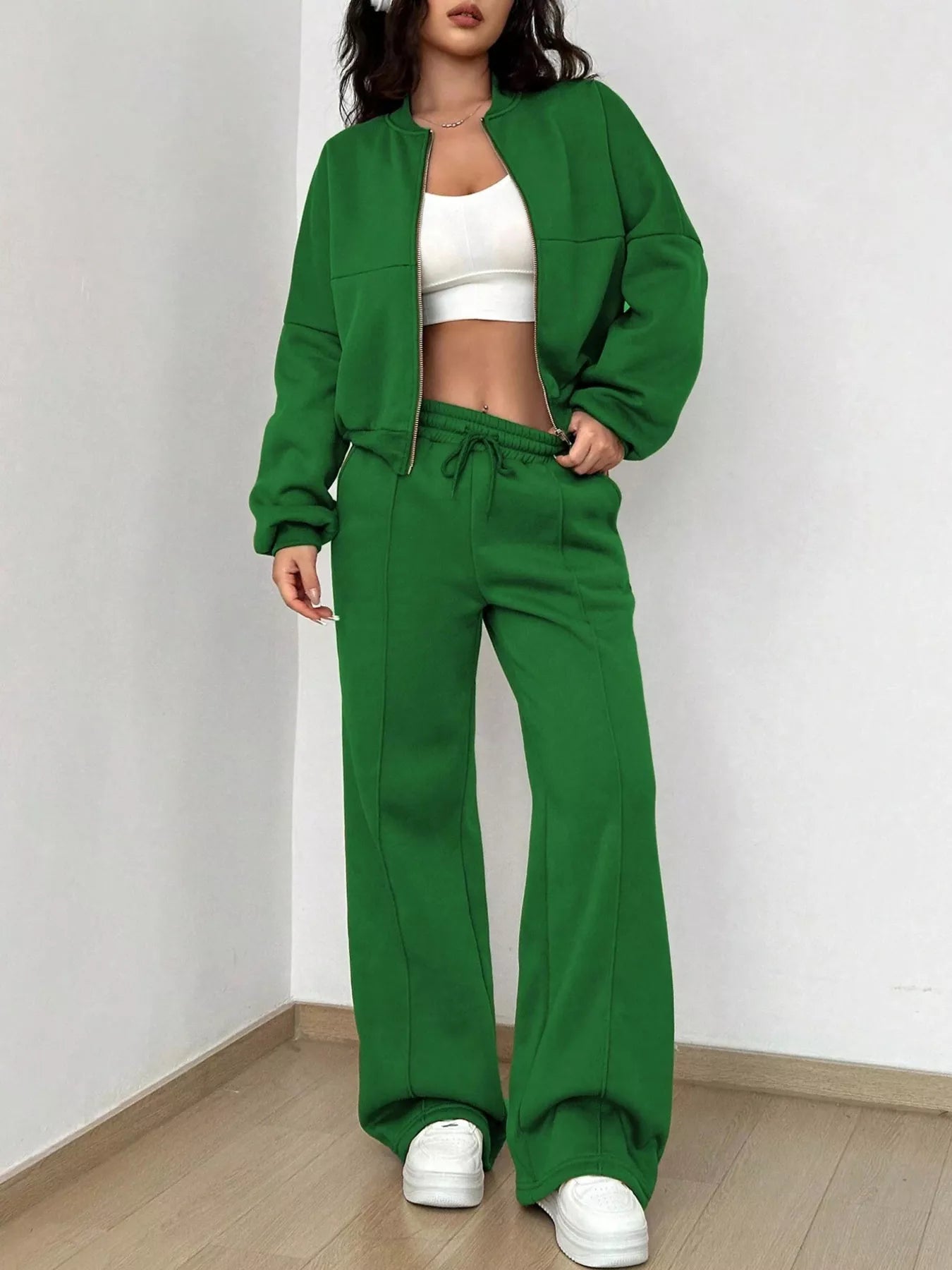 Casual Solid Color Zipper Jacket and Wide Leg Pants Set OutfitFlow