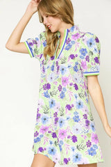 Umgee Floral Print Short Puff Sleeve Mini Dress OutfitFlow