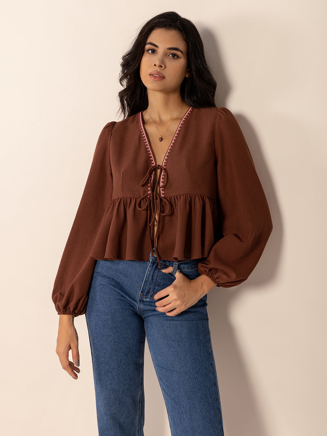 Peplum Tied V-Neck Long Sleeve Blouse OutfitFlow