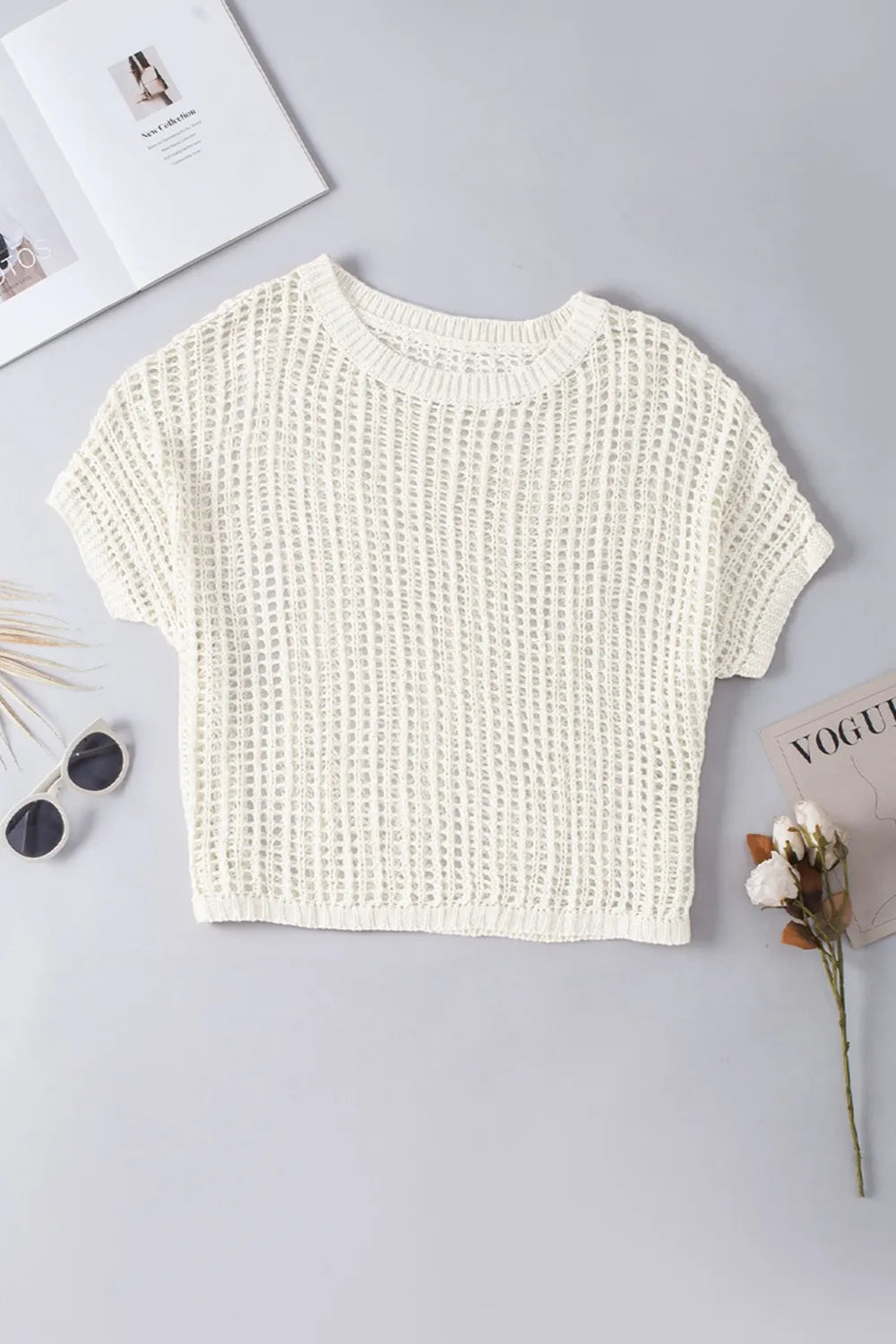 Openwork Round Neck Half Sleeve Knit Cover Up OutfitFlow