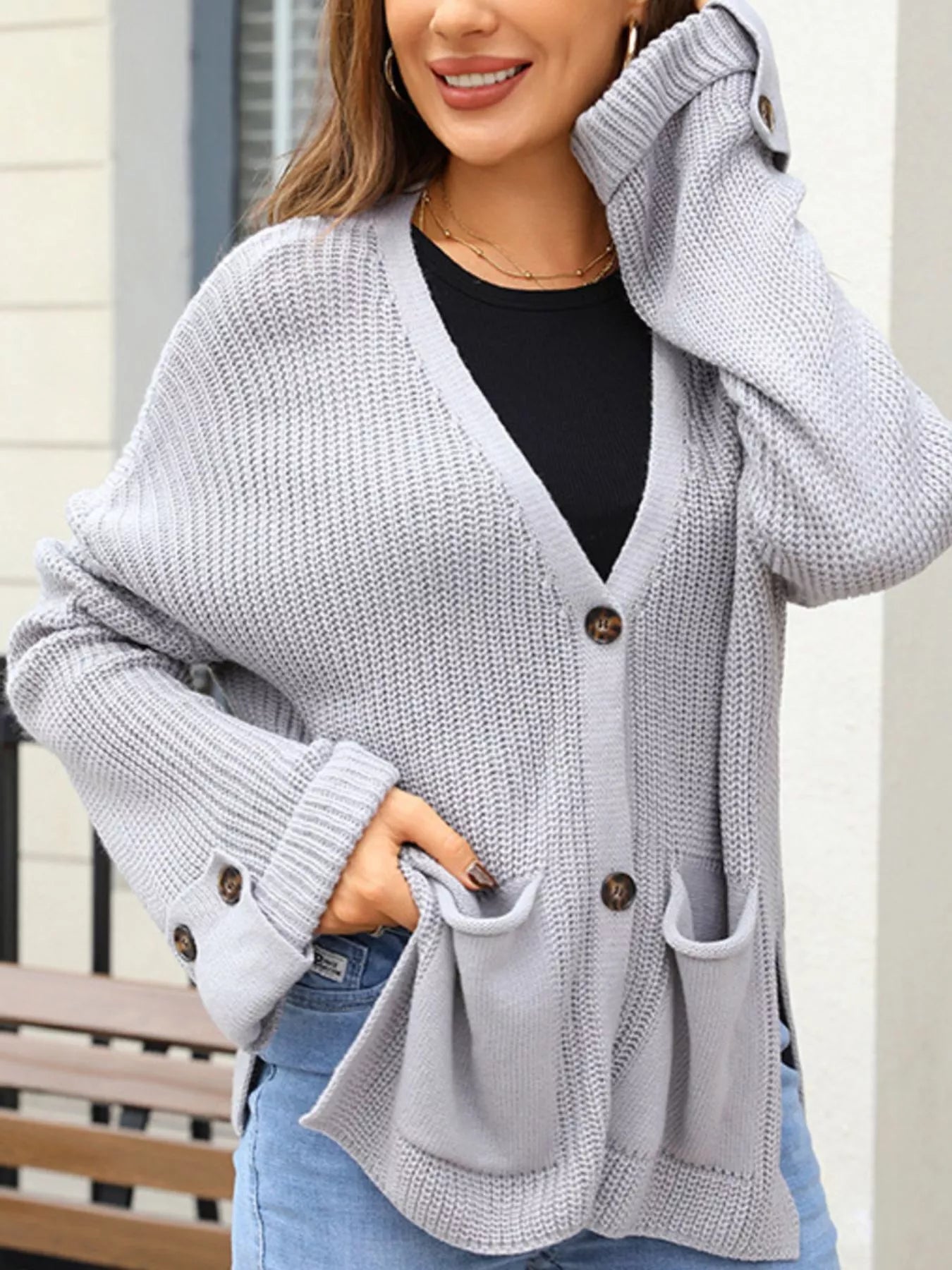 Oversized Knit Button-Down Cardigan Trendsi
