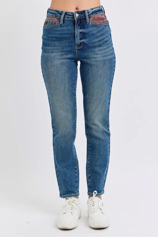 Judy Blue Full Size HW Plaid Patch Slim Fit Jeans Plus Size MD OutfitFlow