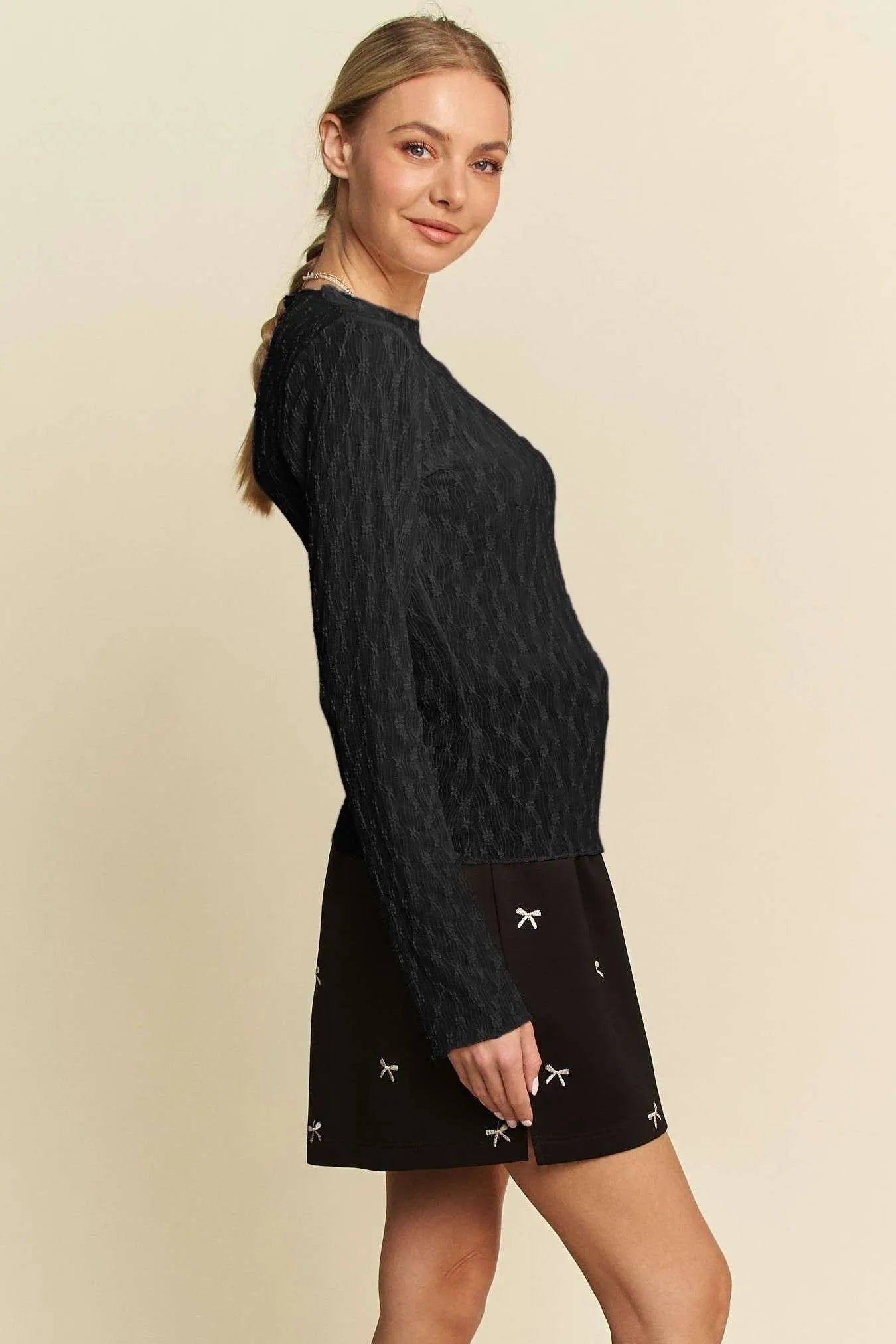 Davi & Dani Long Sleeve Sheer Small Embroidered Bows Lace Top OutfitFlow