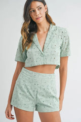 MABLE Eyelet Short Sleeve Crop Top and Shorts Set OutfitFlow