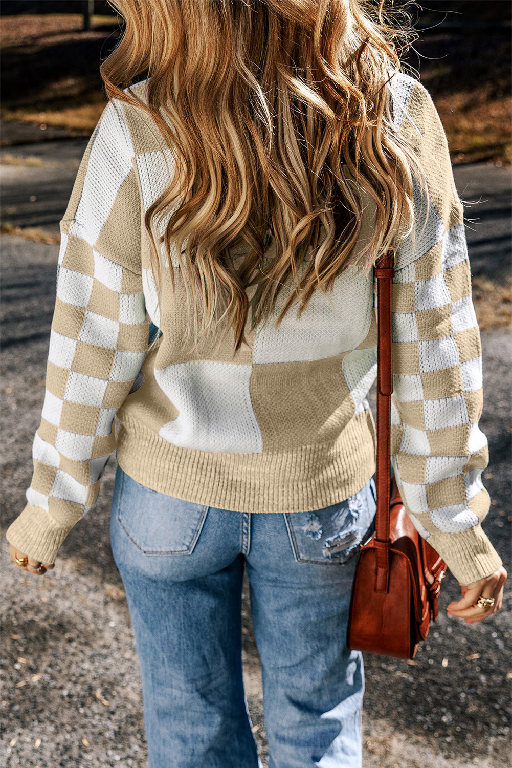 Outfit Flow - Checkered Round Neck Drop Shoulder Sweater