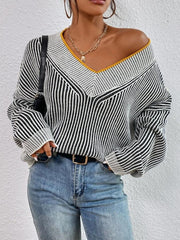 Outfit Flow -  Striped V-Neck Long Sleeve Sweater