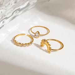 3 Piece Stainless Steel Rhinestone Sunburst Crown Ring OutfitFlow
