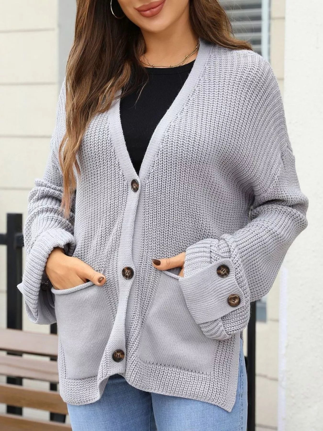 Oversized Knit Button-Down Cardigan Trendsi
