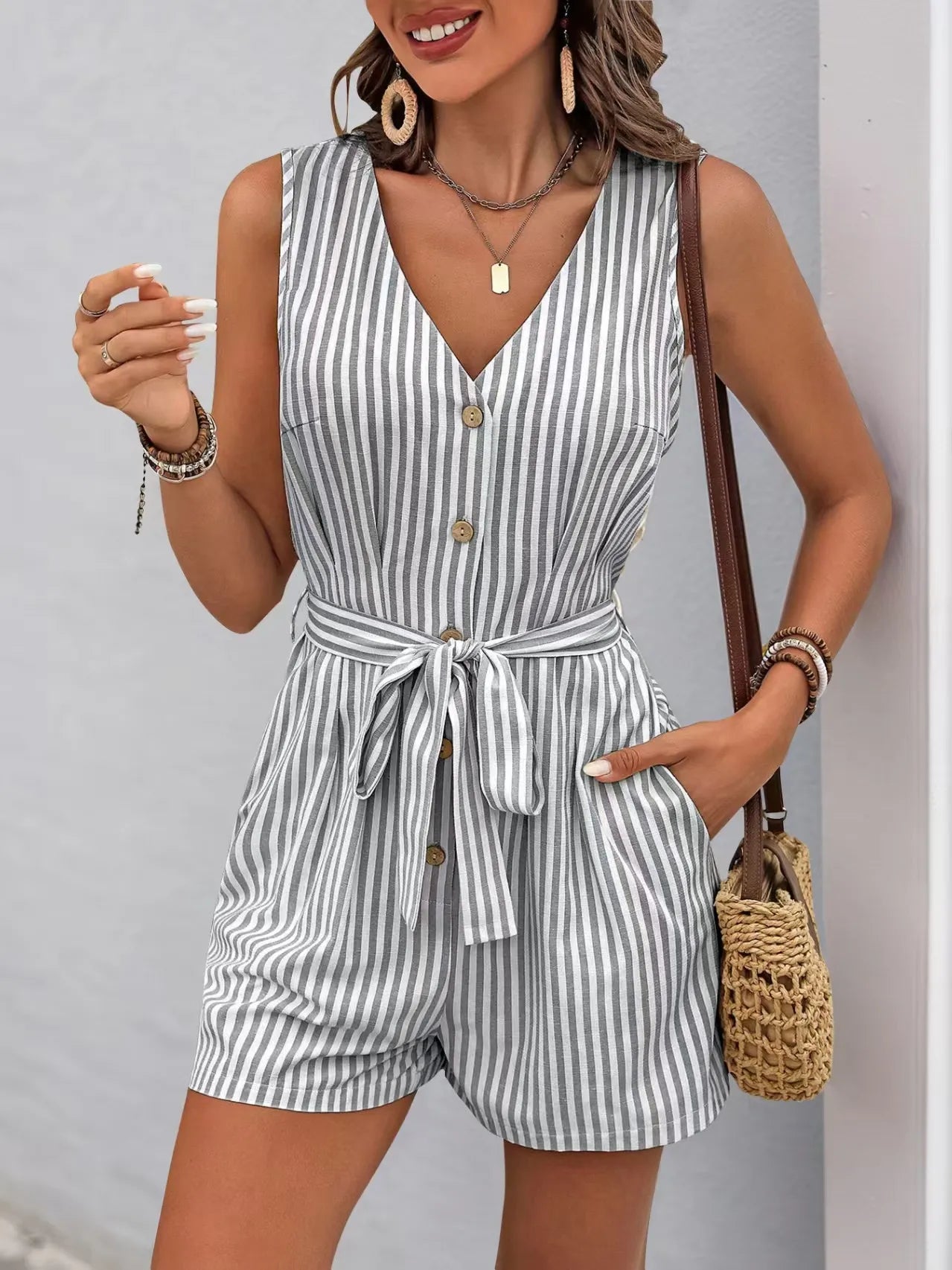Striped V-neck Button Front Belted Romper OutfitFlow