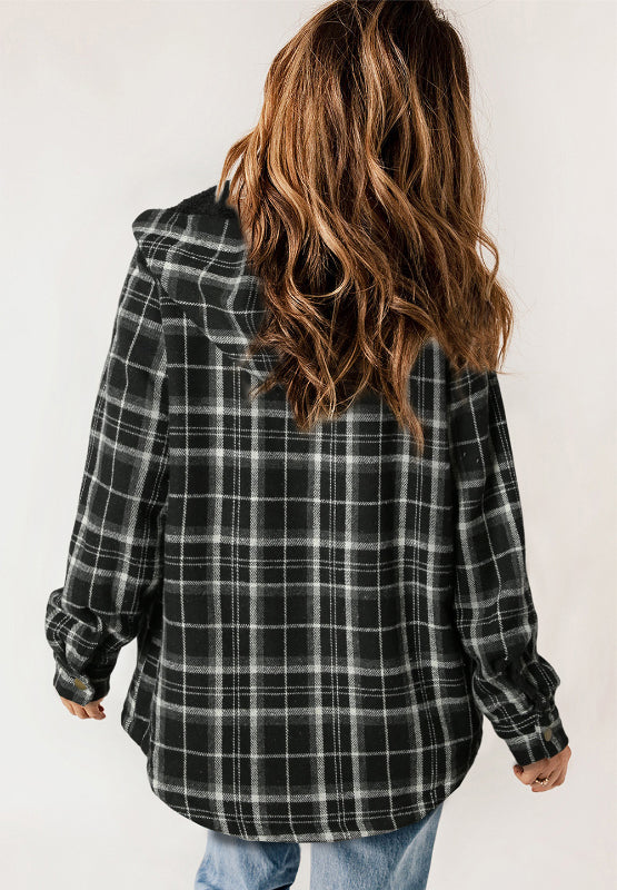 Outfit Flow - Plaid Button Up Long Sleeve Hooded Jacket