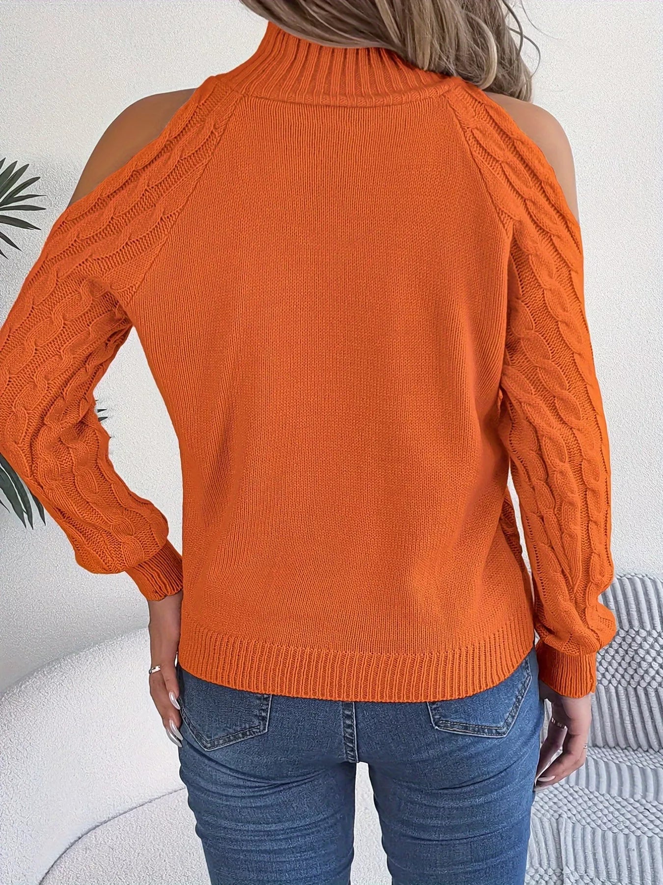 Cable Knit Cold Shoulder Turtleneck Sweater OutfitFlow