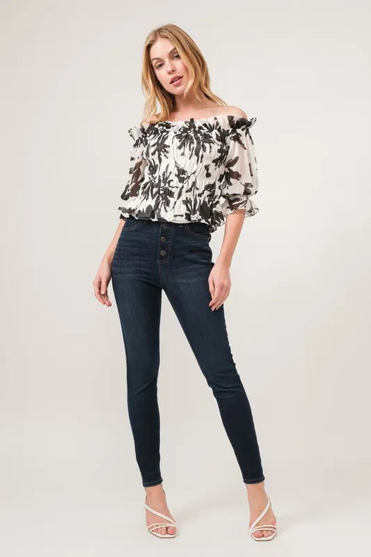 And The Why Smocked Off-Shoulder Floral Printed Top OutfitFlow