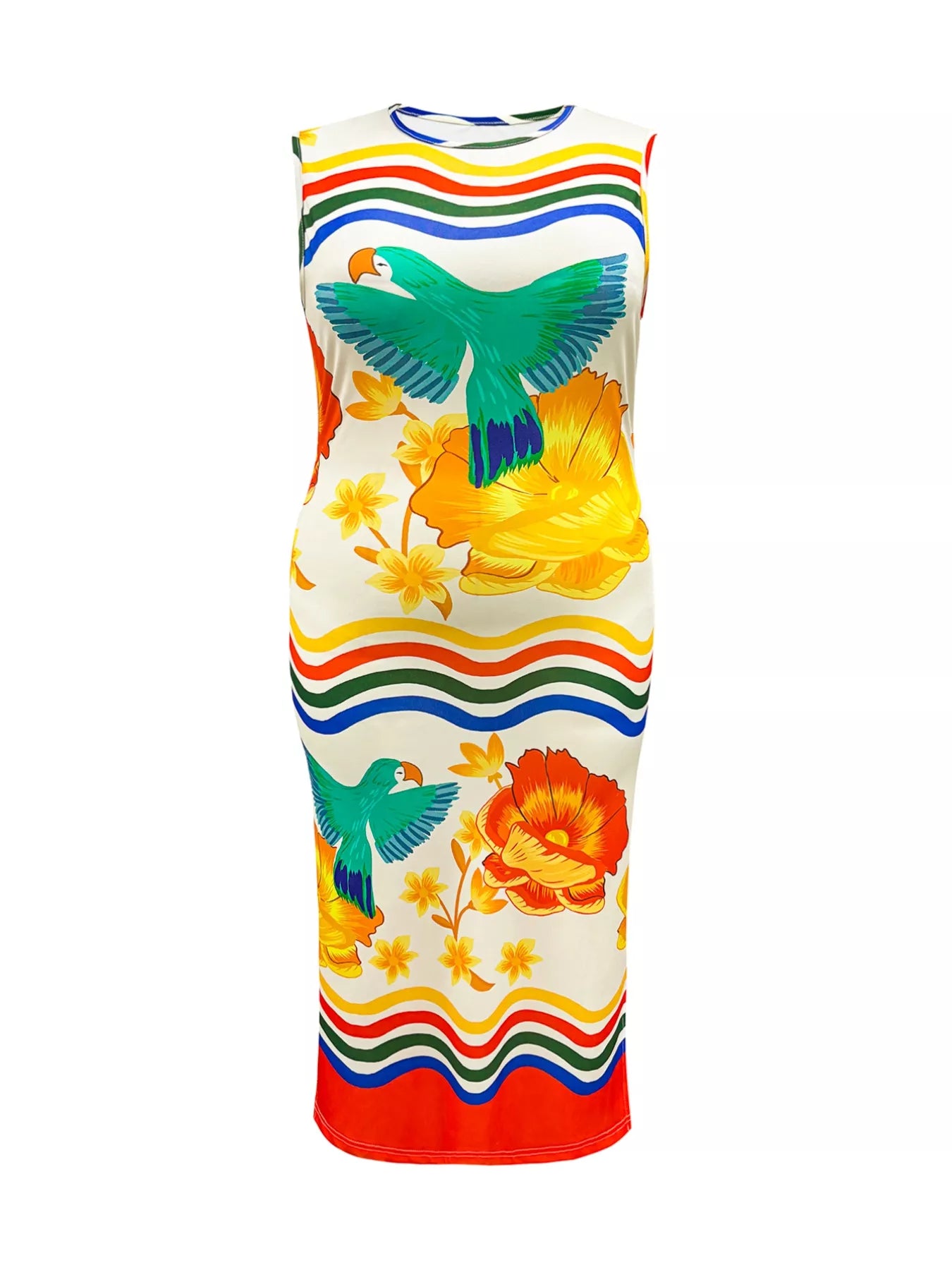Plus Size Tropical Parrot Print Sleeveless Midi Dress Trendsi
