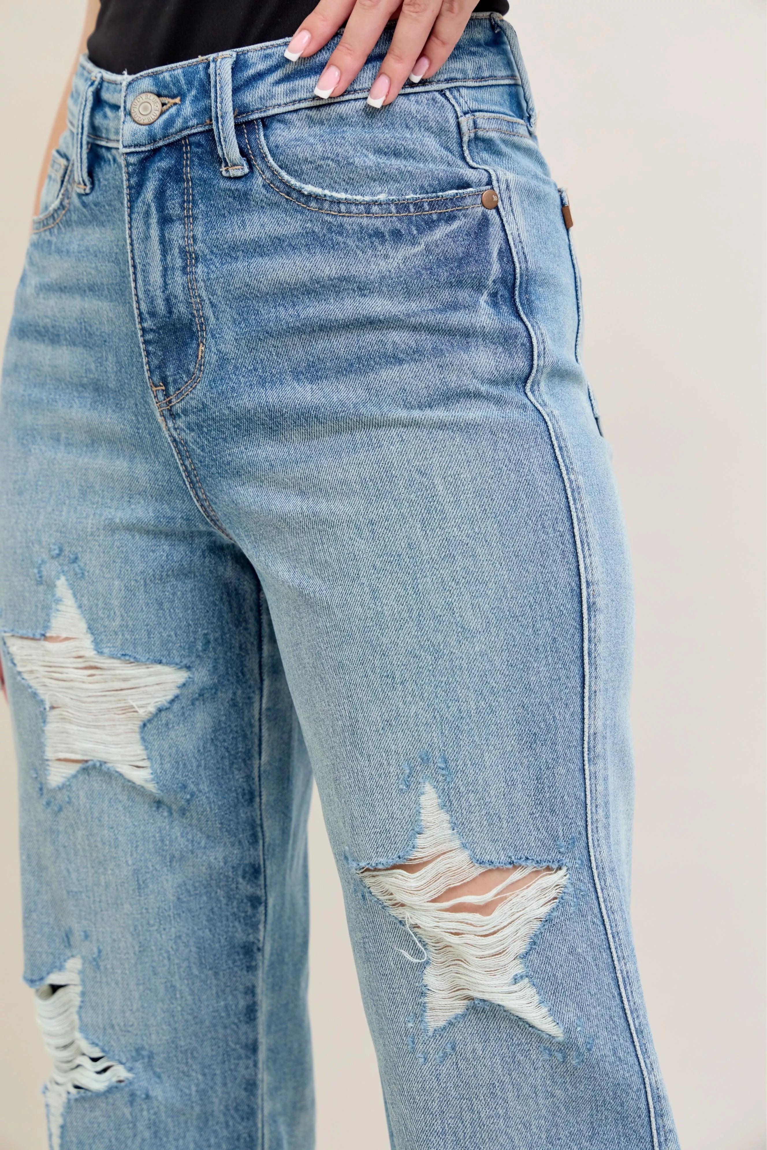 Judy Blue Full Size High Waist Rigid Magic Star Shaped Destroy 90's Straight Jeans Plus Size OutfitFlow