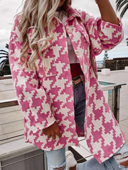 Houndstooth Button Up Long Sleeve Outerwear OutfitFlow