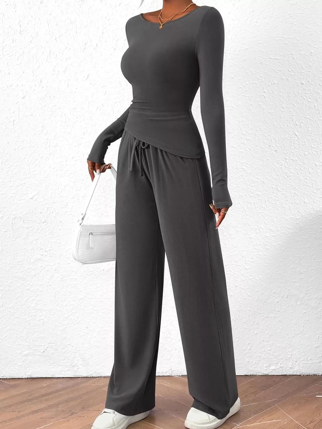 Long Sleeve Top and Wide Leg Pants Set OutfitFlow