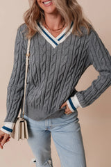 Cable-Knit V-Neck Long Sleeve Sweater Trendsi