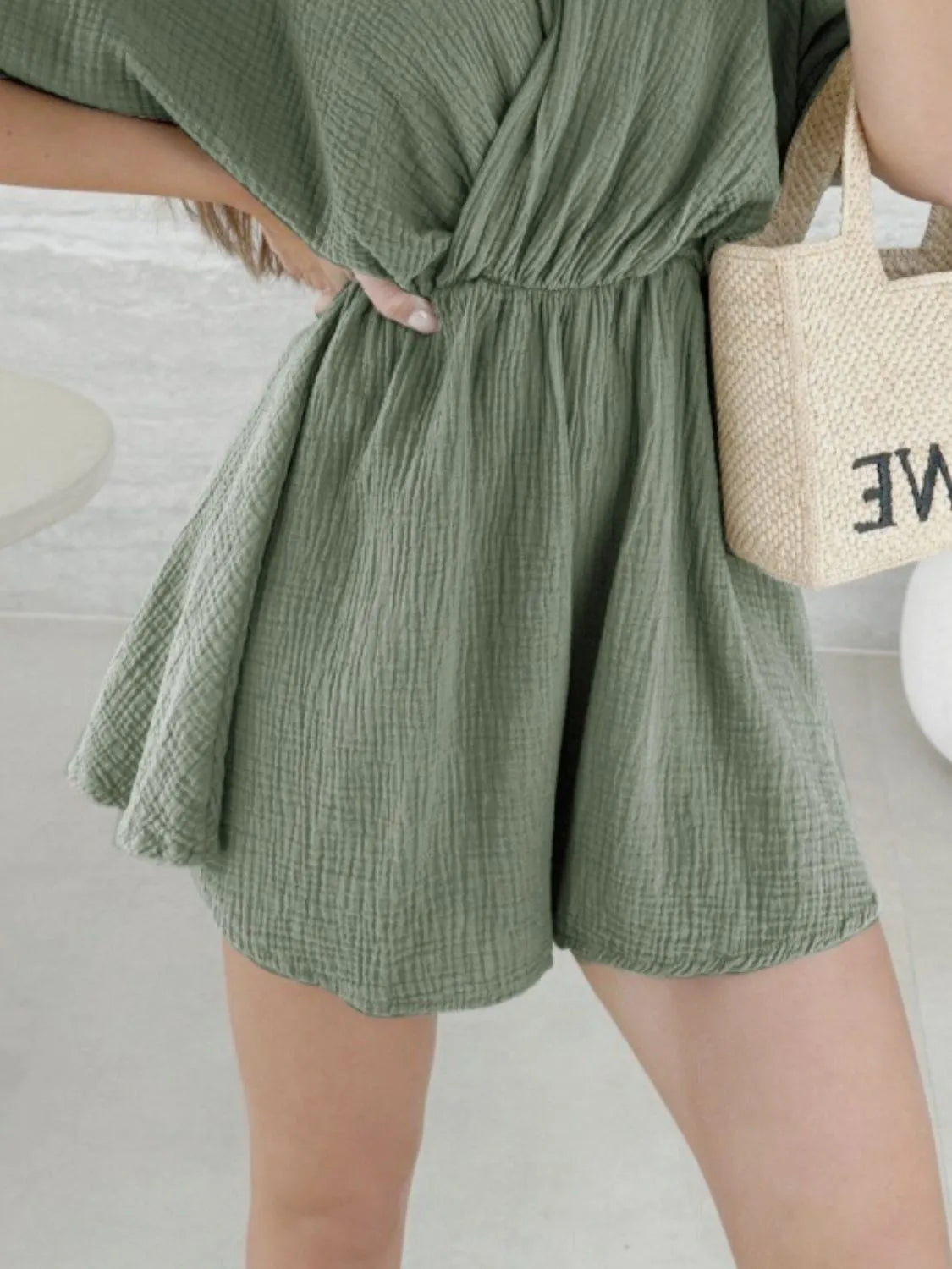 Surplice Half Sleeve Wrap Romper OutfitFlow