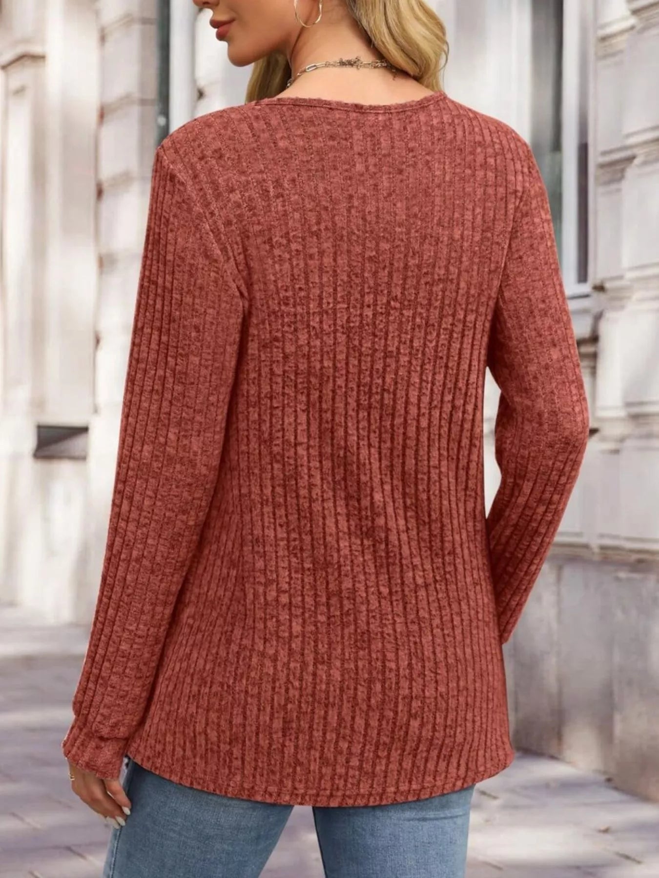 Ribbed Knit Button-Front Long Sleeve T-Shirt OutfitFlow