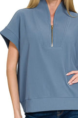 Zenana Ribbed High Neck Half Zip Top OutfitFlow
