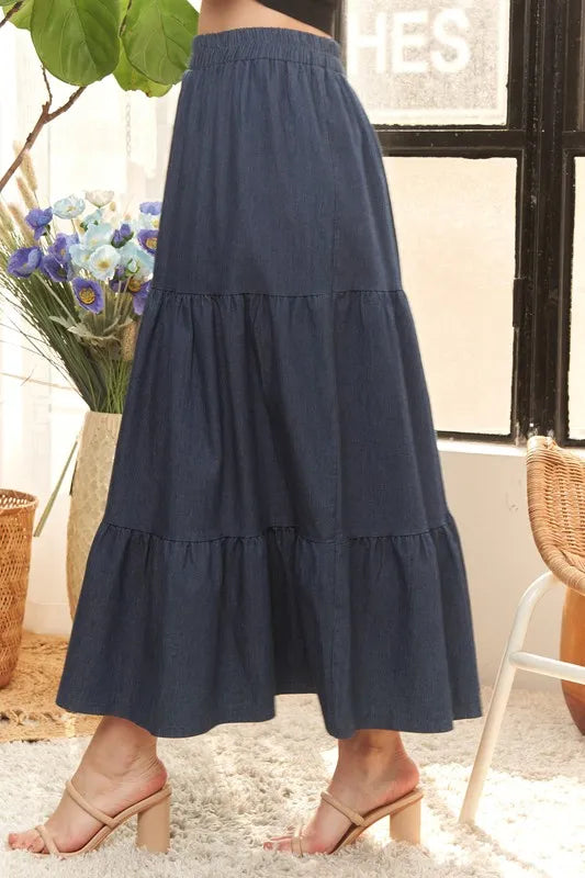 ADORA Waist Band Tiered Denim Maxi Skirt OutfitFlow