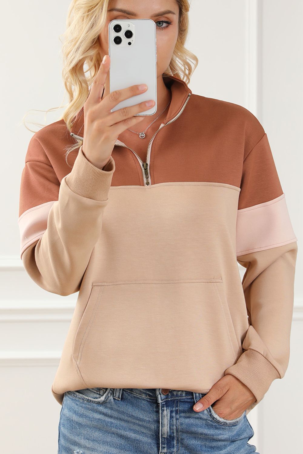 Outfit Flow - Color Block Quarter Zip Long Sleeve Sweatshirt